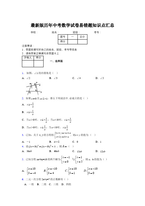 2019最新版历年中考数学试卷易错题知识点汇总838193