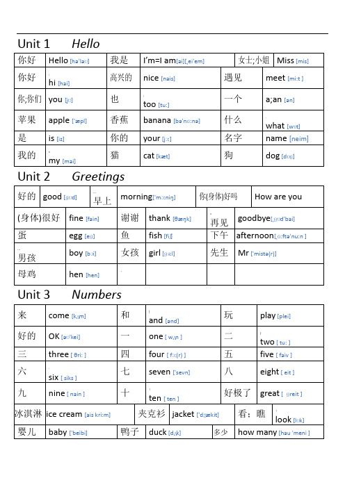 闽教版三年级上册英语单词