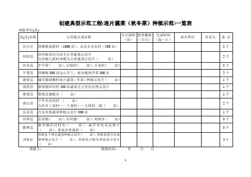 创建典型示范工程(连片蔬菜(秋冬菜)种植示范)一览表
