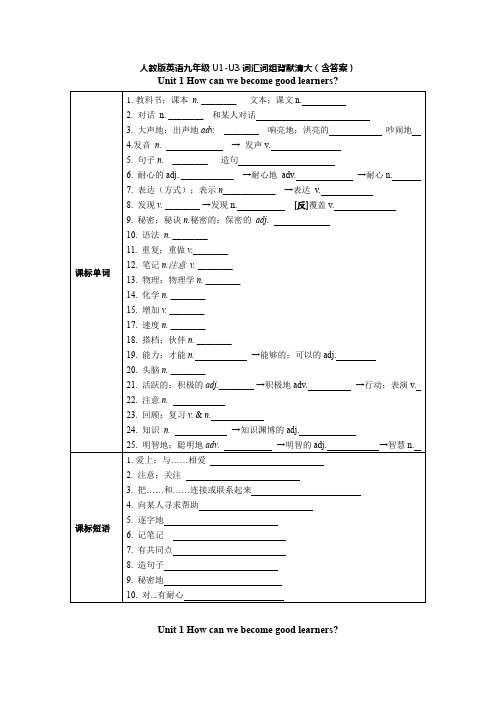 人教版九年级全册Unit1-Unit3词汇短语背默清单(含答案)