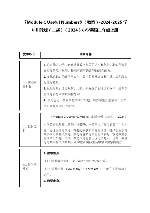 《Module C Useful Numbers》(教案)川教版(三起)(2024)小学英语三年上册