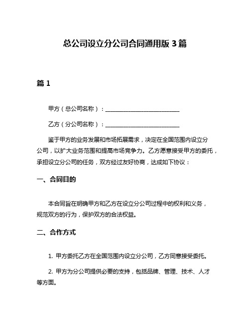 总公司设立分公司合同通用版3篇