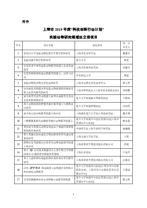 上海市2019年度科技创新行动计划实验动物研究领域拟立