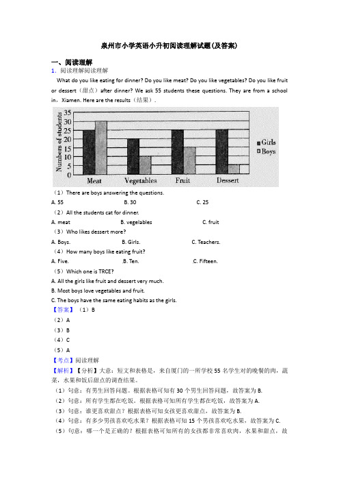 泉州市小学英语小升初阅读理解试题(及答案)