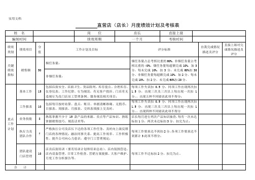 直营店(店长)月度绩效计划及考核表(销售提成制)