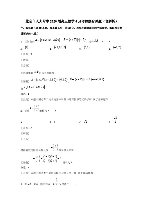 北京市人大附中2020届高三数学6月考前热身试题(含解析)