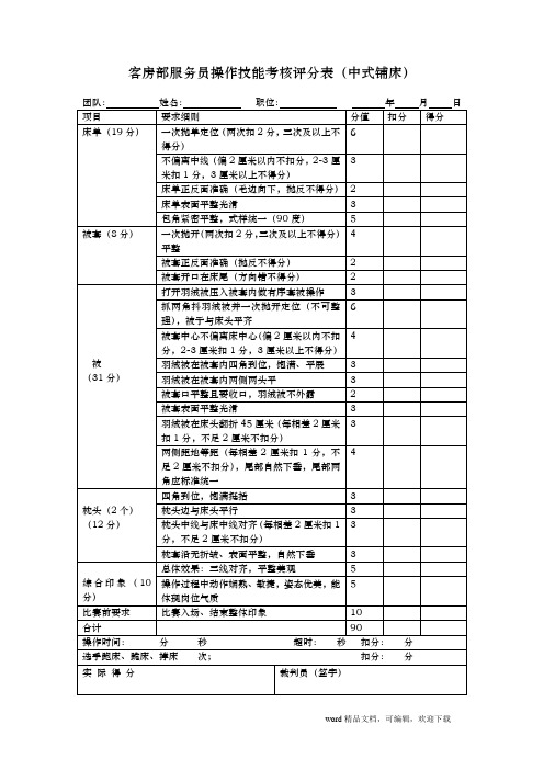 客房部服务员操作技能考核评分表(中式铺床)