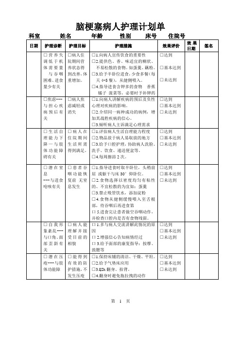 脑梗病人护理计划单