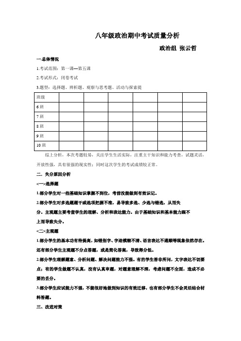 八年级政治期中考试质量分析