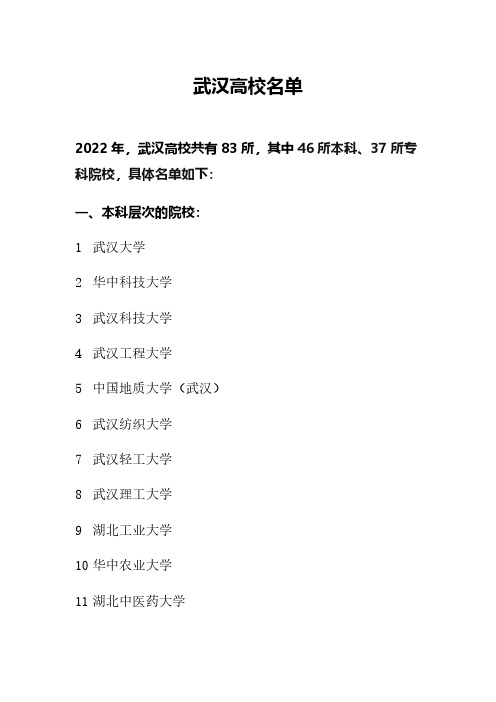 武汉高校名单(共83所,其中46所本科、37所专科院校)