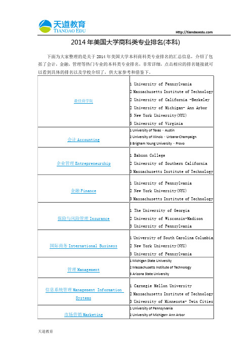 【天道独家】2014年美国大学商科类专业排名(本科)