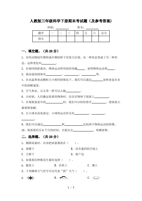 人教版三年级科学下册期末考试题(及参考答案)