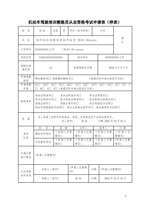 上海市机动车驾驶培训教练员从业资格考试申请表(样表)