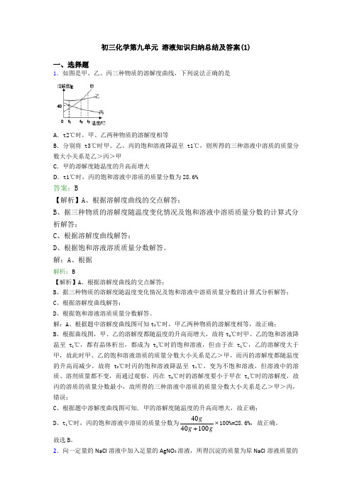 初三化学第九单元 溶液知识归纳总结及答案(1)