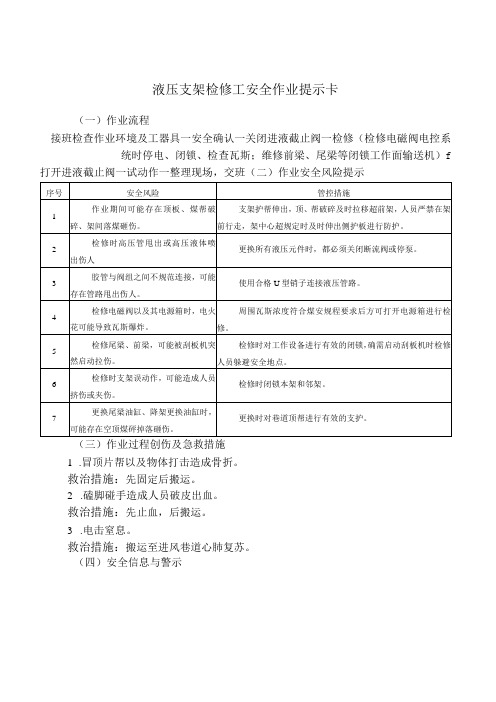 液压支架检修工安全作业提示卡