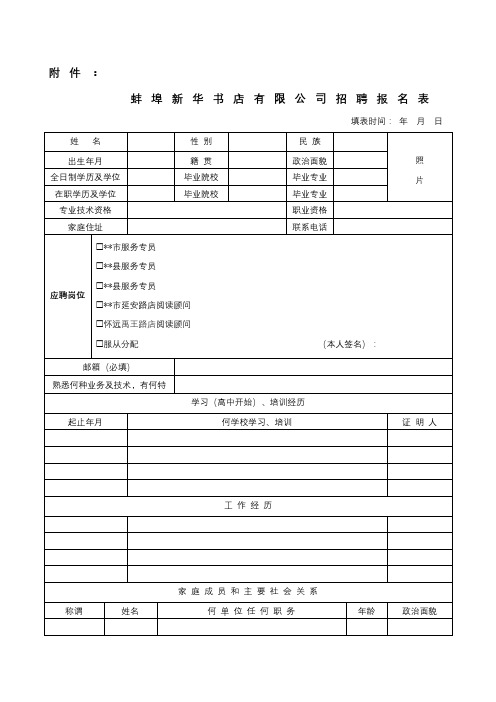 蚌埠新华书店有限公司招聘报名表【模板】