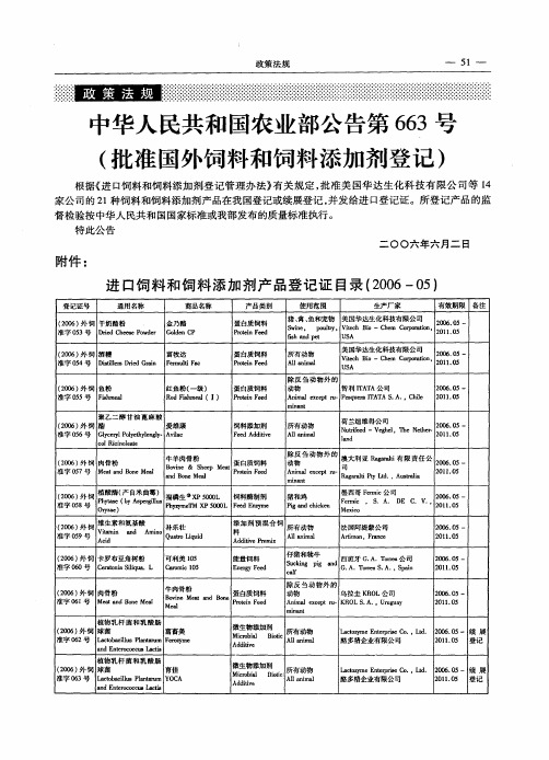 中华人民共和国农业部公告第663号(批准国外饲料和饲料添加剂登记)