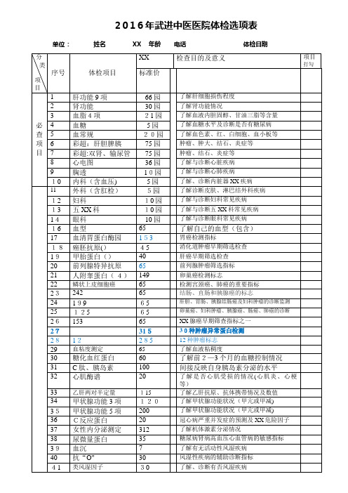 2021年武进中医医院体检选项表