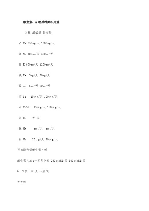 维生素矿物质种类和用量