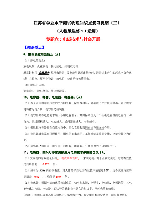 江苏省学业水平测试物理知识点复习提纲 专题6 电磁技术与社会发展