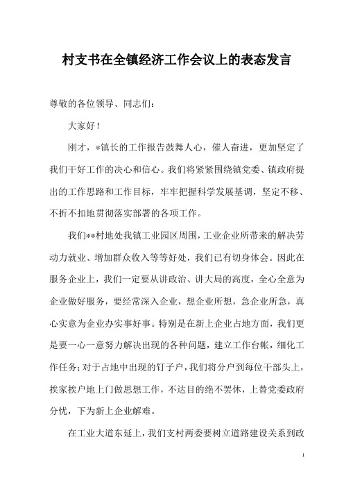 村支书在全镇经济工作会议上的表态发言