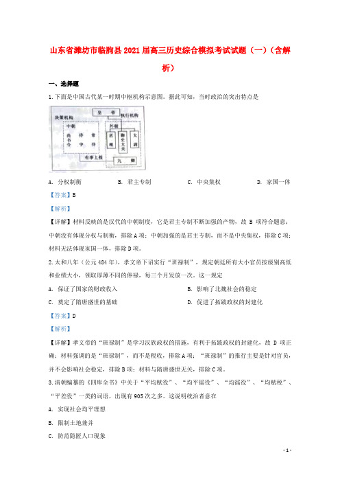 山东省潍坊市临朐县2021届高三历史综合模拟考试试题(一)(含解析)