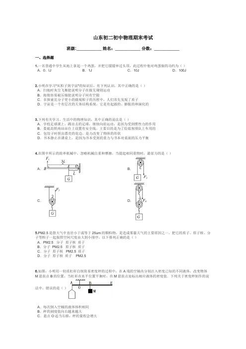 山东初二初中物理期末考试带答案解析
