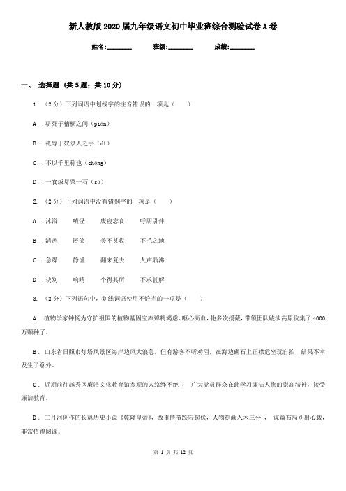 新人教版2020届九年级语文初中毕业班综合测验试卷A卷