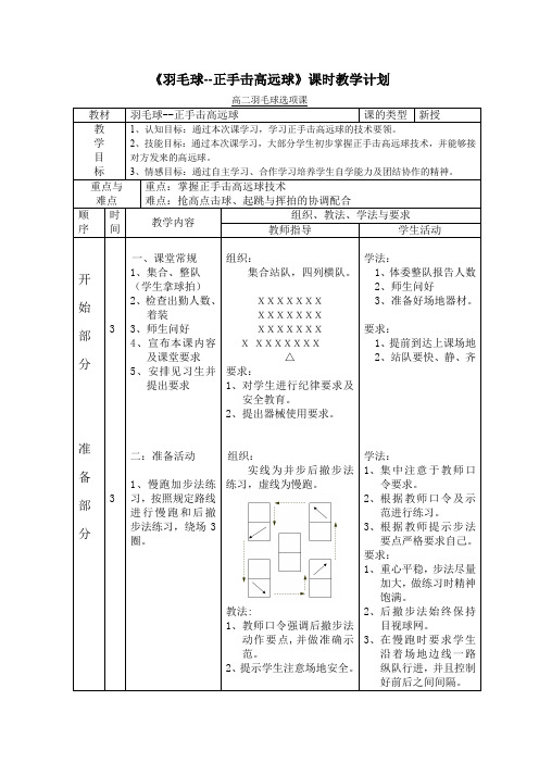 人教版高中《体育与健康》全一册《羽毛球--正手击高远球》课时教学计划