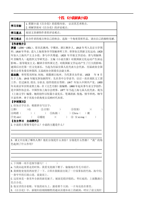 江苏省盱眙县黄花塘初级中学九年级语文上册 第14课《小说家谈小说》导学案 苏教版