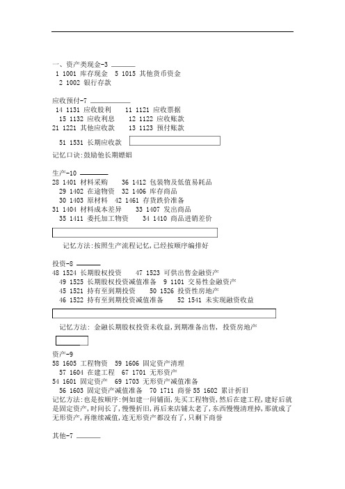 会计科目分类口诀记忆大全