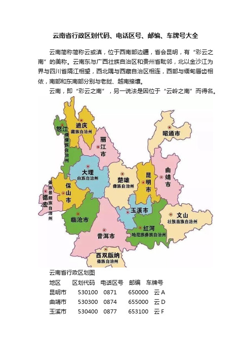 云南省行政区划代码、电话区号、邮编、车牌号大全