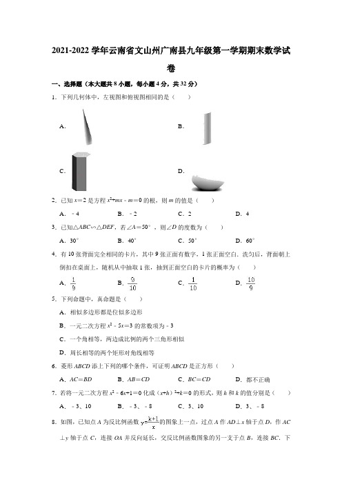 2021-2022学年云南省文山州广南县九年级(上)期末数学试卷(解析版)