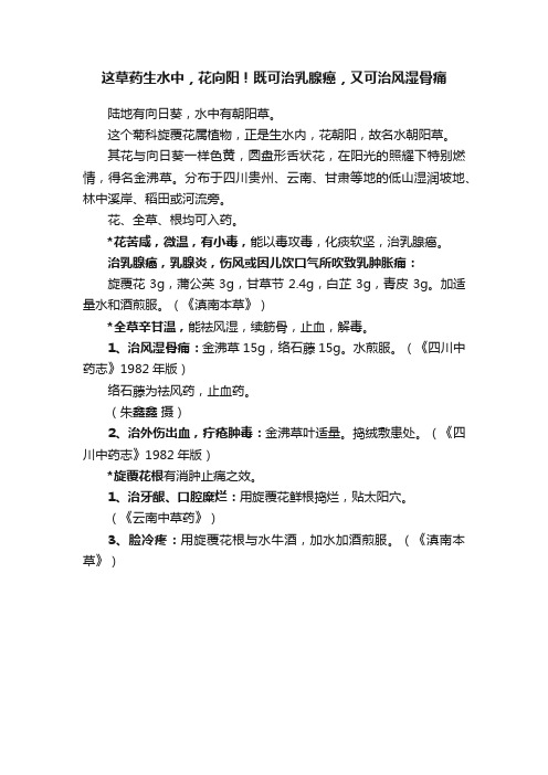 这草药生水中，花向阳！既可治乳腺癌，又可治风湿骨痛