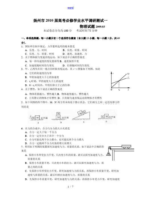 2010届江苏省扬州市高考物理必修学业水平调研测试