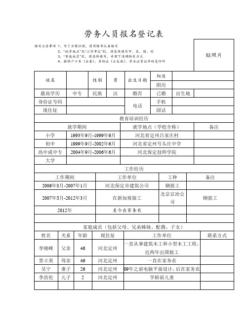 劳务人员报名登记表