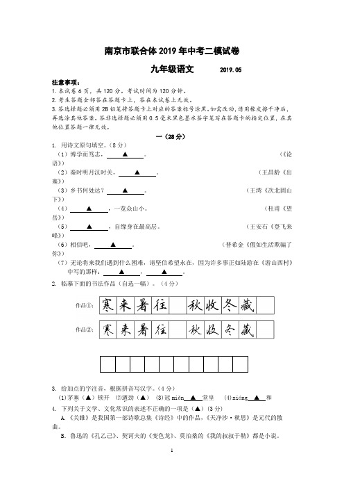 南京市联合体2019年中考二模试卷九年级语文(含答案)