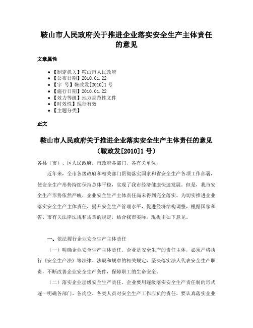 鞍山市人民政府关于推进企业落实安全生产主体责任的意见