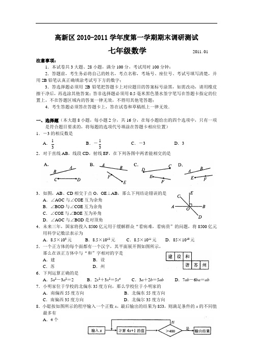 【初中数学】江苏省苏州市高新区2010-2011学年度第一学期期末调研测试七年级数学试卷 通用