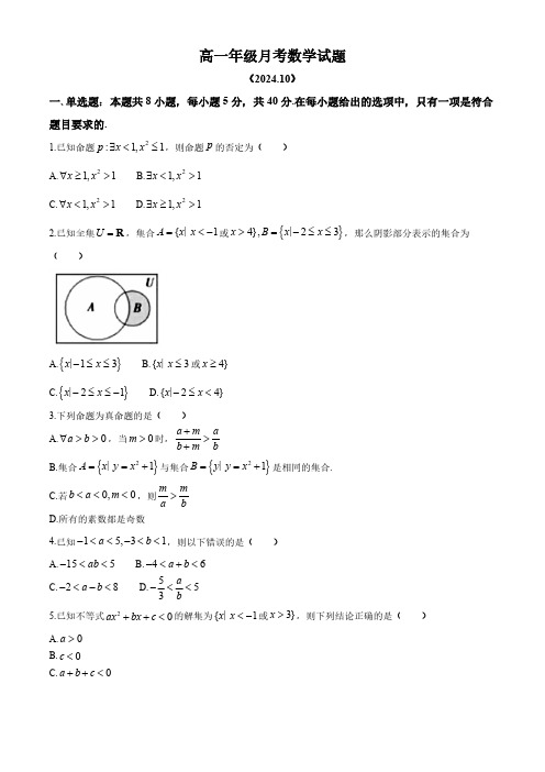 湖北省武汉市武钢三中2024-2025学年高一上学期10月月考数学试题(含答案)