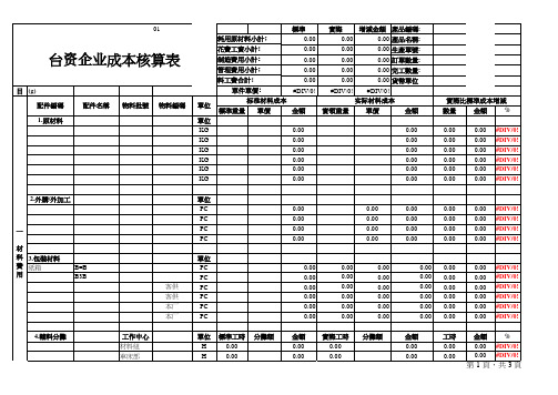 台资企业成本核算统计表