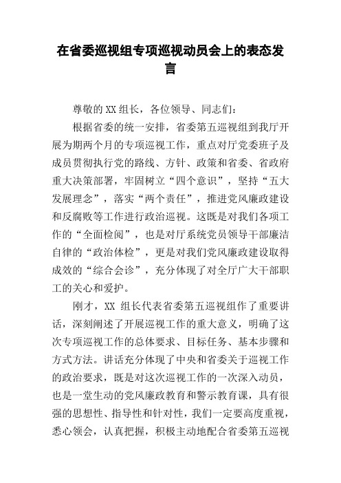 在省委巡视组专项巡视动员会上的表态发言