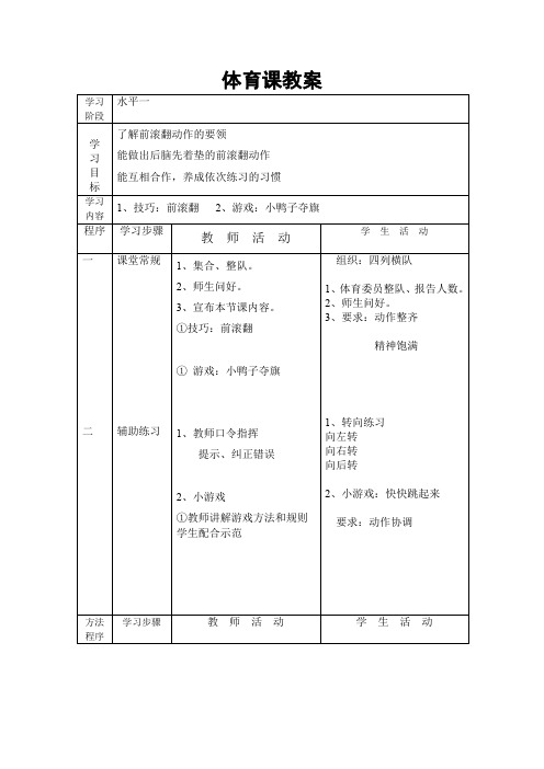 体育教案：水平一：技巧：前滚翻