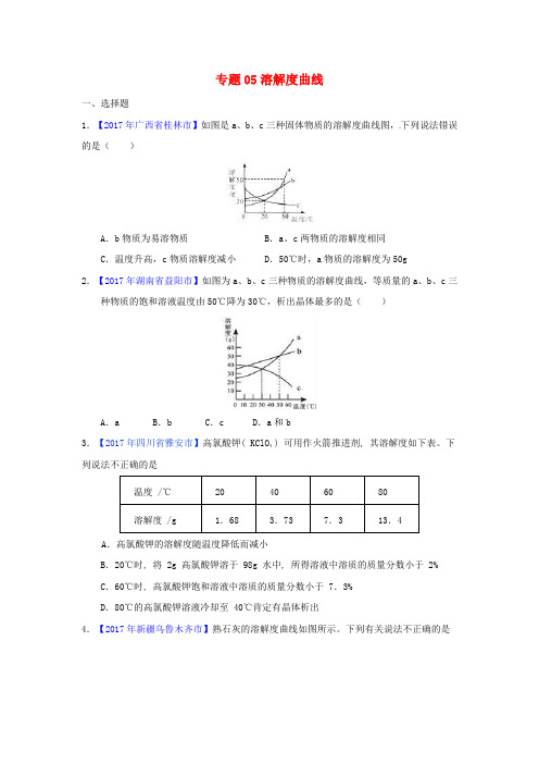 决胜2018中考化学压轴题揭秘专题05溶解度曲线(中考题,无答案)