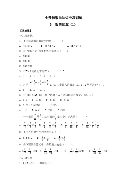 小升初数学知识专项训练一数与代数3.数的运算(1)