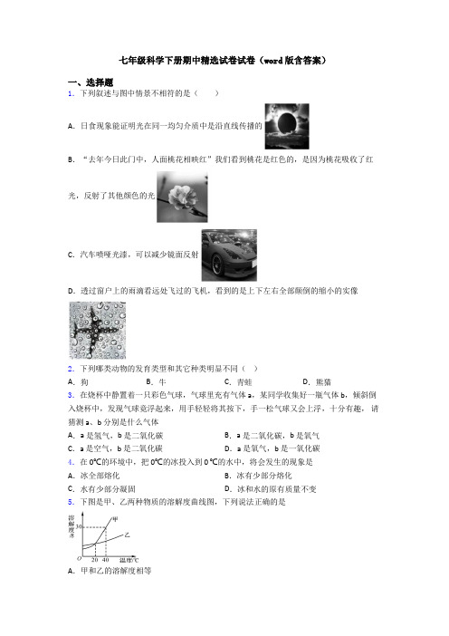 七年级科学下册期中精选试卷试卷(word版含答案)