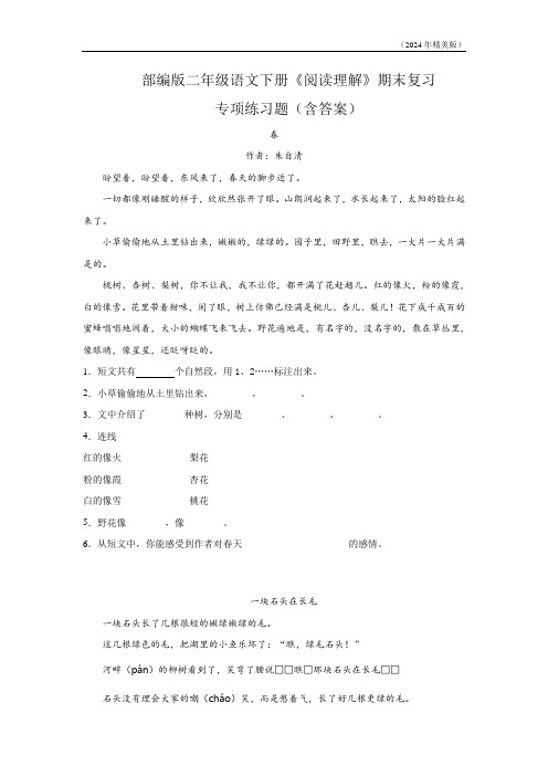 部编版二年级语文下册《阅读理解》期末复习专项练习题(含答案)