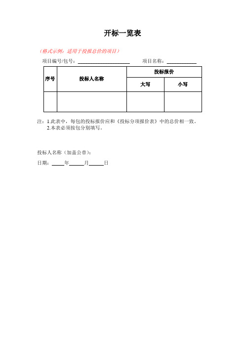 开标一览表和投标分项报价表