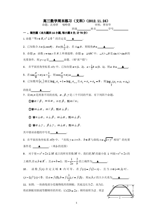 盐城中学2013届高三周练 数学文(11.24)