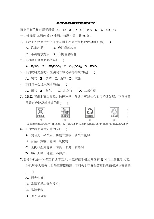 鲁教版(五四制)化学九年级全一册第六单元化学与社会发展 综合素质评价  含答案